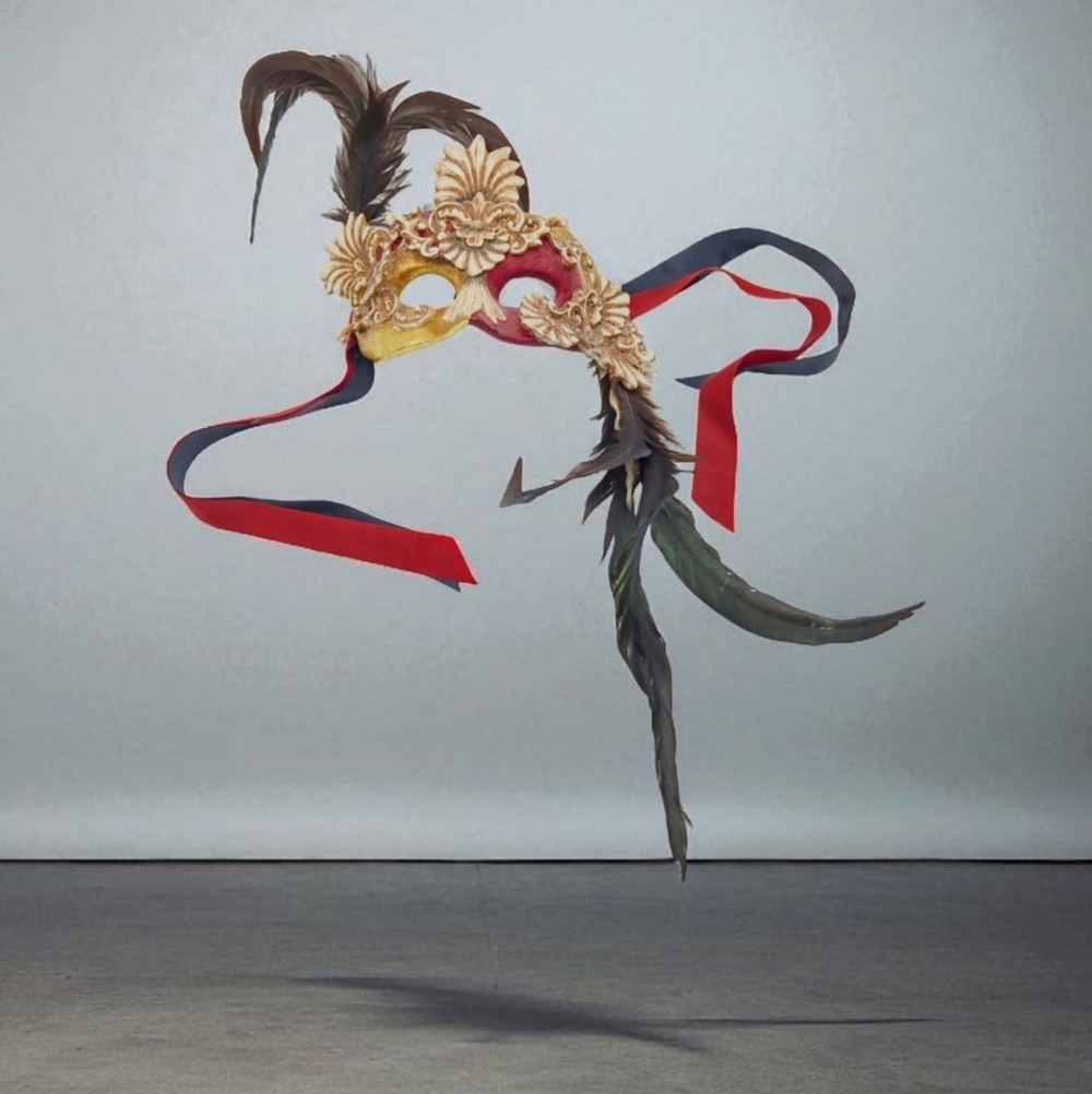 Katherine's Collection Ceramic Gold and Red Feathered Masquerade Mask
